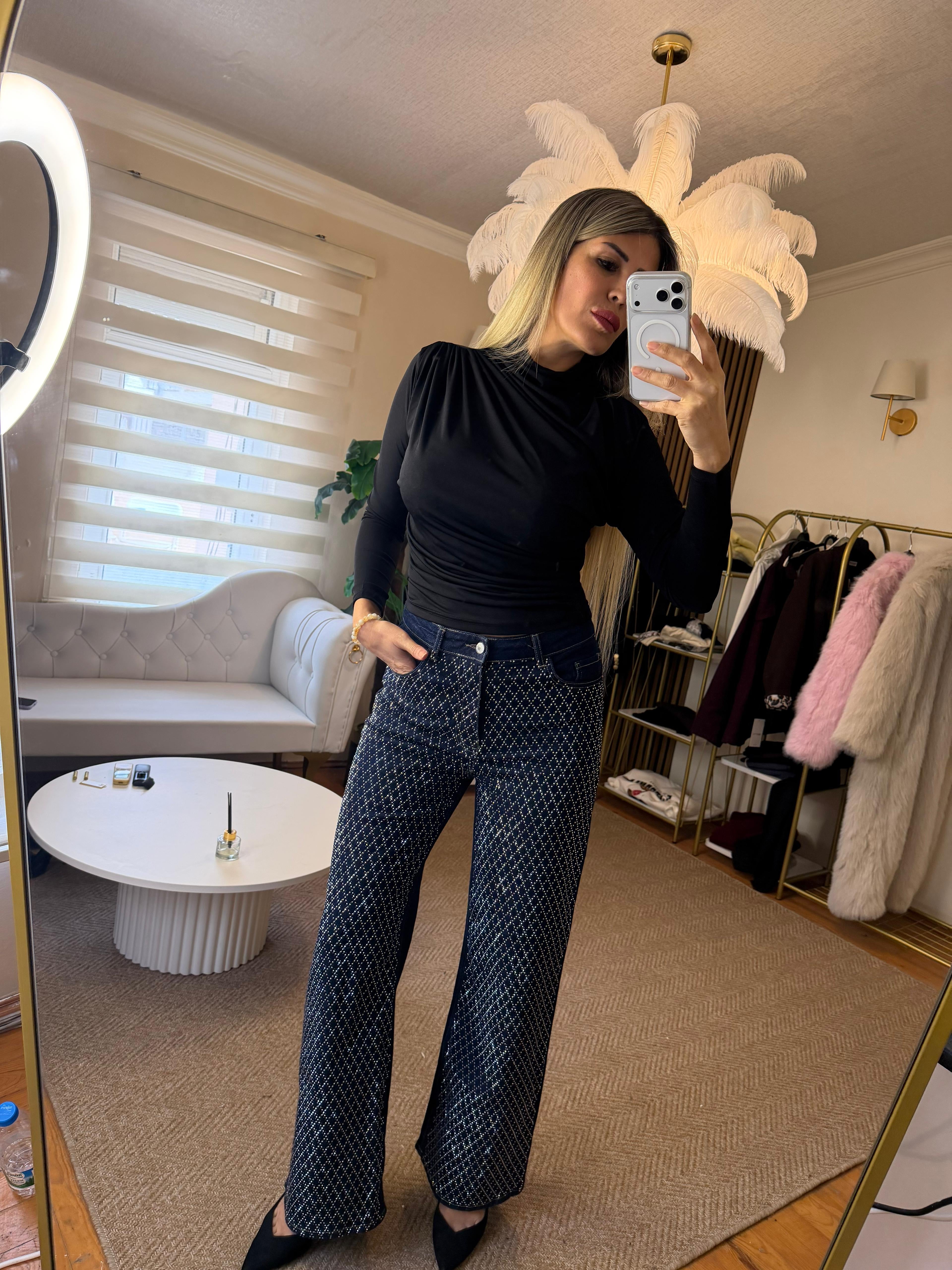 Taşlı jean pantolon