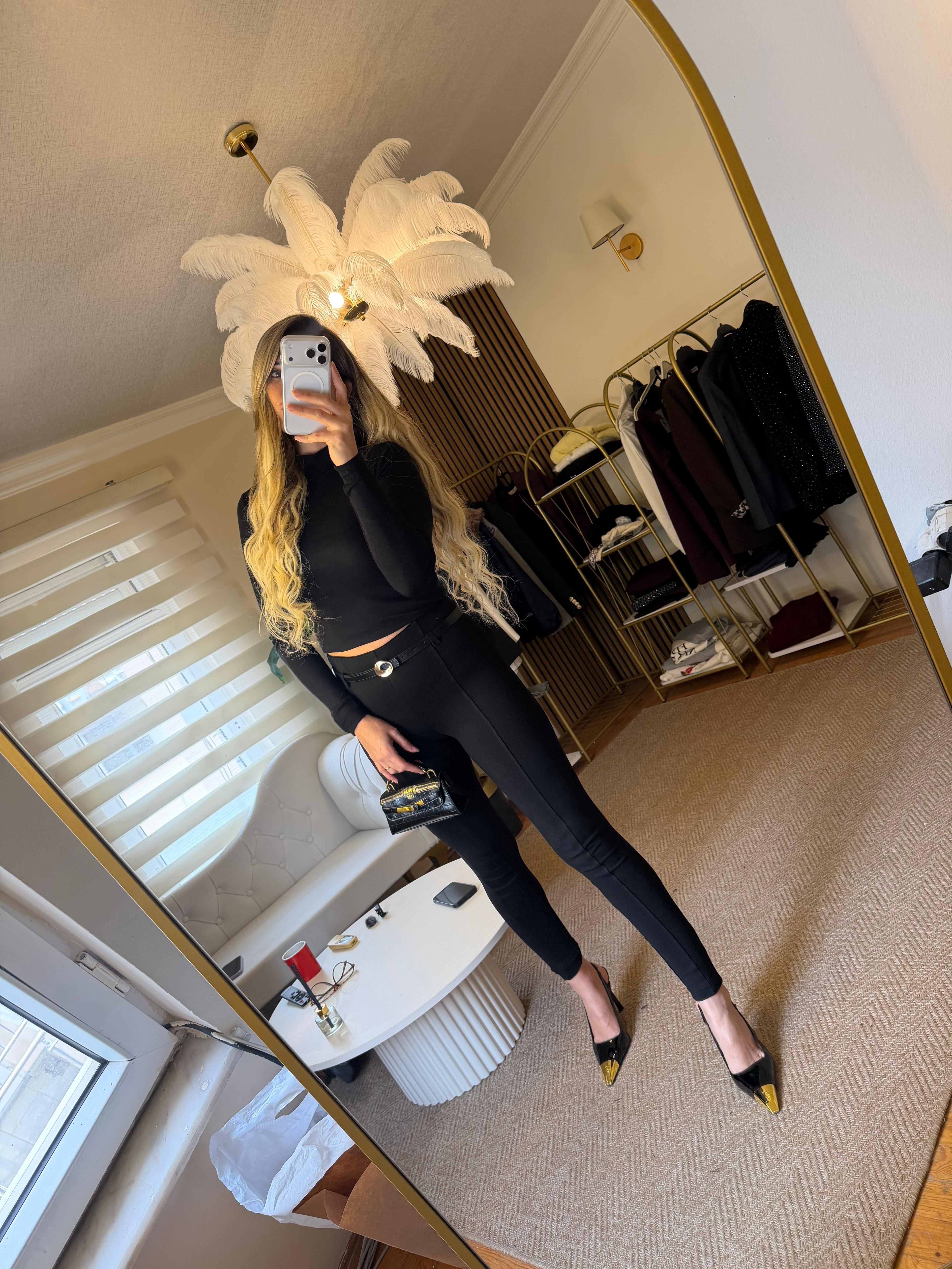 Esnek likralı kemerli tayt pantolon