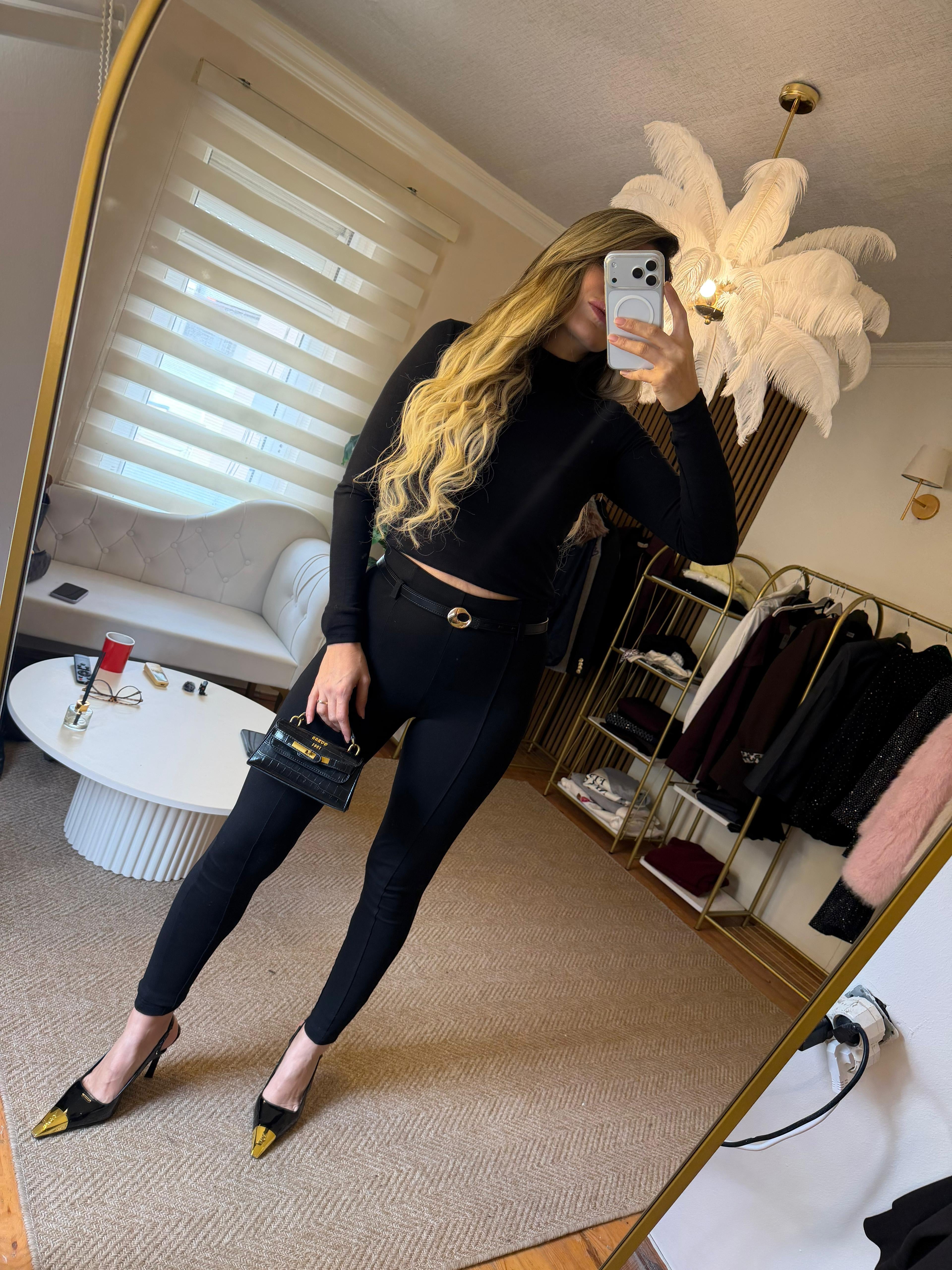 Esnek likralı kemerli tayt pantolon