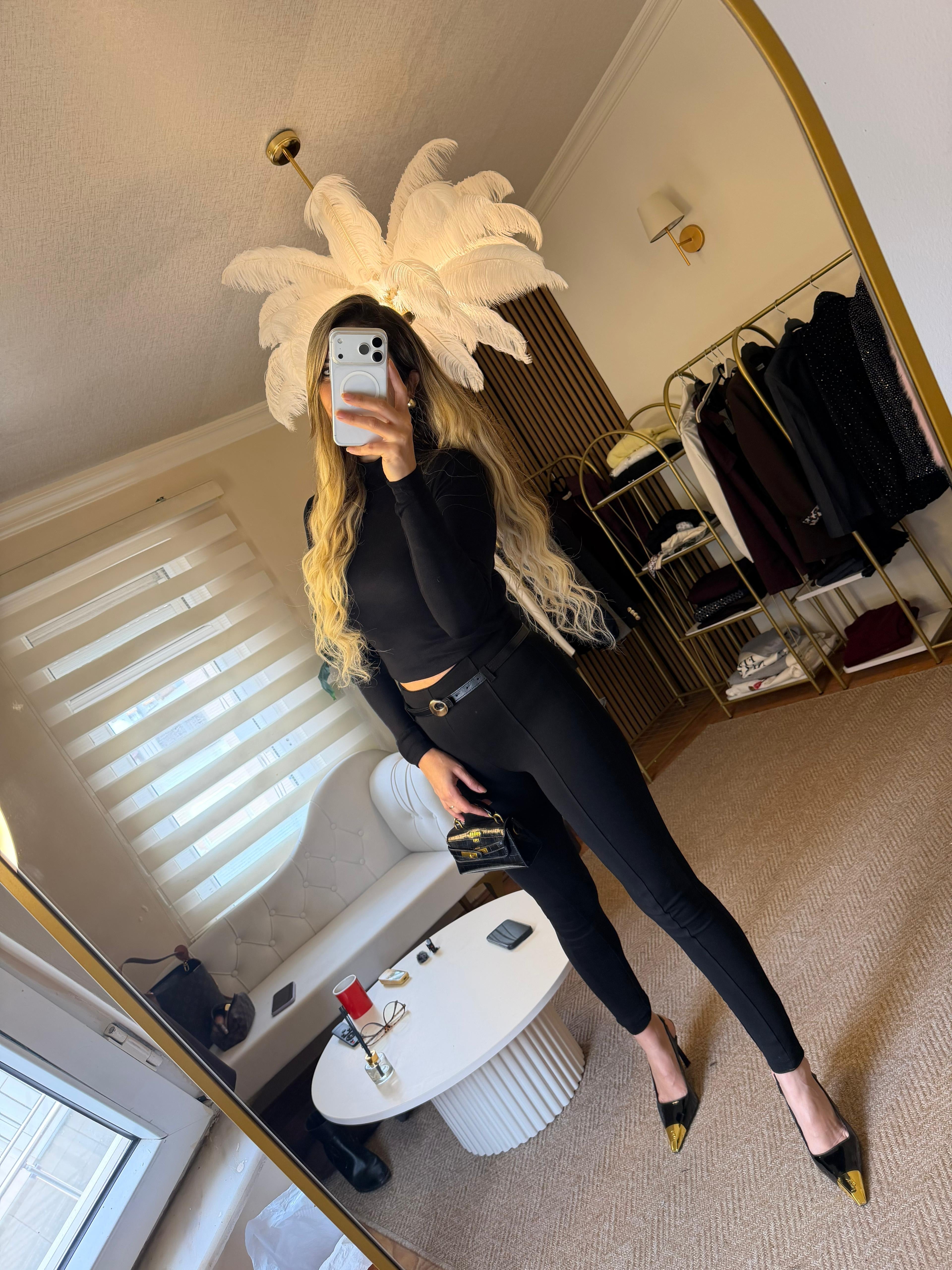 Esnek likralı kemerli tayt pantolon