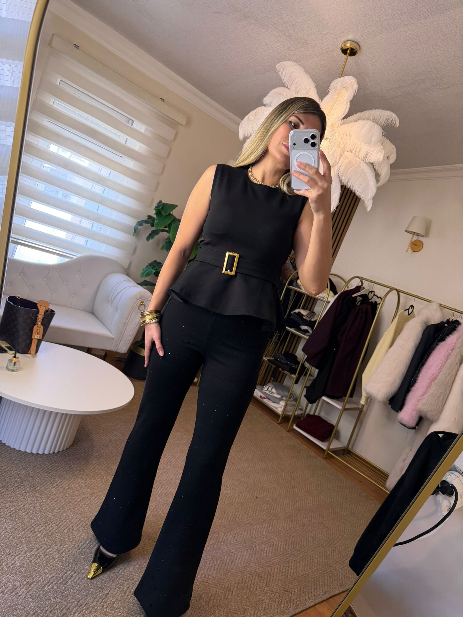 Taşlı Çelik Kumaş Likralı Tayt Pantolon