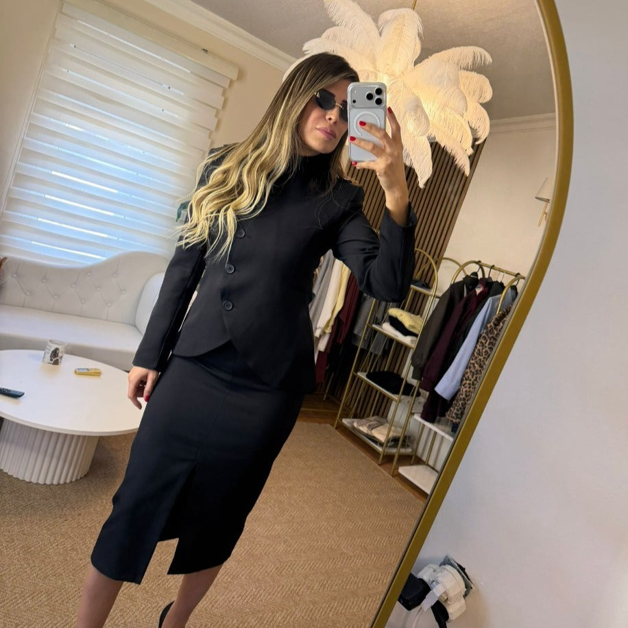 SİYAH MİDİ YIRTMAÇLI ETEK - CEKET TAKIM